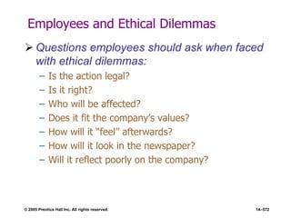 © 2005 Prentice Hall Inc. All rights reserved. 14–572
Employees and Ethical Dilemmas
 Questions employees should ask when faced
with ethical dilemmas:
– Is the action legal?
– Is it right?
– Who will be affected?
– Does it fit the company’s values?
– How will it ―feel‖ afterwards?
– How will it look in the newspaper?
– Will it reflect poorly on the company?
 
