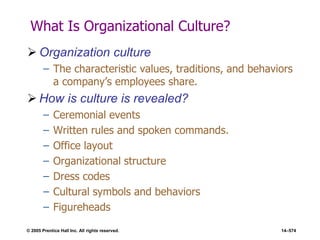 © 2005 Prentice Hall Inc. All rights reserved. 14–574
What Is Organizational Culture?
 Organization culture
– The characteristic values, traditions, and behaviors
a company’s employees share.
 How is culture is revealed?
– Ceremonial events
– Written rules and spoken commands.
– Office layout
– Organizational structure
– Dress codes
– Cultural symbols and behaviors
– Figureheads
 