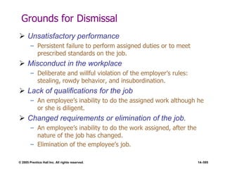 © 2005 Prentice Hall Inc. All rights reserved. 14–595
Grounds for Dismissal
 Unsatisfactory performance
– Persistent failure to perform assigned duties or to meet
prescribed standards on the job.
 Misconduct in the workplace
– Deliberate and willful violation of the employer’s rules:
stealing, rowdy behavior, and insubordination.
 Lack of qualifications for the job
– An employee’s inability to do the assigned work although he
or she is diligent.
 Changed requirements or elimination of the job.
– An employee’s inability to do the work assigned, after the
nature of the job has changed.
– Elimination of the employee’s job.
 
