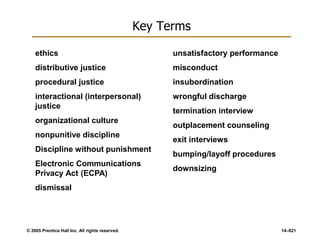 © 2005 Prentice Hall Inc. All rights reserved. 14–621
Key Terms
ethics
distributive justice
procedural justice
interactional (interpersonal)
justice
organizational culture
nonpunitive discipline
Discipline without punishment
Electronic Communications
Privacy Act (ECPA)
dismissal
unsatisfactory performance
misconduct
insubordination
wrongful discharge
termination interview
outplacement counseling
exit interviews
bumping/layoff procedures
downsizing
 
