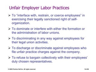 © 2005 Prentice Hall Inc. All rights reserved. 14–632
Unfair Employer Labor Practices
 To ―interface with, restrain, or coerce employees‖ in
exercising their legally sanctioned right of self-
organization.
 To dominate or interfere with either the formation or
the administration of labor unions.
 To discriminating in any way against employees for
their legal union activities.
 To discharge or discriminate against employees who
file unfair practice charges against the company.
 To refuse to bargain collectively with their employees’
duly chosen representatives.
 