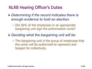 © 2005 Prentice Hall Inc. All rights reserved. 14–643
NLRB Hearing Officer’s Duties
 Determining if the record indicates there is
enough evidence to hold an election.
– Did 30% of the employees in an appropriate
bargaining unit sign the authorization cards?
 Deciding what the bargaining unit will be.
– The bargaining unit is the group of employees that
the union will be authorized to represent and
bargain for collectively.
 