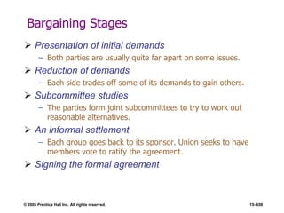 © 2005 Prentice Hall Inc. All rights reserved. 15–658
Bargaining Stages
 Presentation of initial demands
– Both parties are usually quite far apart on some issues.
 Reduction of demands
– Each side trades off some of its demands to gain others.
 Subcommittee studies
– The parties form joint subcommittees to try to work out
reasonable alternatives.
 An informal settlement
– Each group goes back to its sponsor. Union seeks to have
members vote to ratify the agreement.
 Signing the formal agreement
 