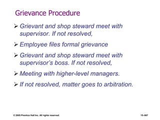 © 2005 Prentice Hall Inc. All rights reserved. 15–667
Grievance Procedure
 Grievant and shop steward meet with
supervisor. If not resolved,
 Employee files formal grievance
 Grievant and shop steward meet with
supervisor’s boss. If not resolved,
 Meeting with higher-level managers.
 If not resolved, matter goes to arbitration.
 