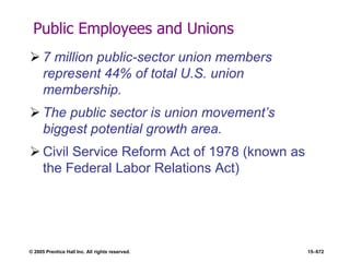© 2005 Prentice Hall Inc. All rights reserved. 15–672
Public Employees and Unions
 7 million public-sector union members
represent 44% of total U.S. union
membership.
 The public sector is union movement’s
biggest potential growth area.
 Civil Service Reform Act of 1978 (known as
the Federal Labor Relations Act)
 