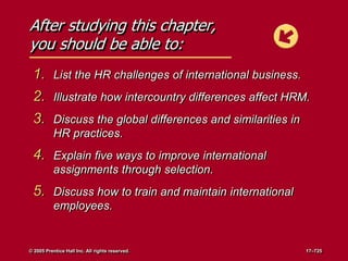 After studying this chapter,
you should be able to:
1. List the HR challenges of international business.
2. Illustrate how intercountry differences affect HRM.
3. Discuss the global differences and similarities in
HR practices.
4. Explain five ways to improve international
assignments through selection.
5. Discuss how to train and maintain international
employees.
© 2005 Prentice Hall Inc. All rights reserved. 17–725
 