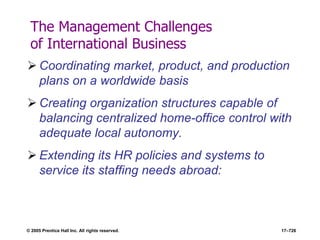 © 2005 Prentice Hall Inc. All rights reserved. 17–726
The Management Challenges
of International Business
 Coordinating market, product, and production
plans on a worldwide basis
 Creating organization structures capable of
balancing centralized home-office control with
adequate local autonomy.
 Extending its HR policies and systems to
service its staffing needs abroad:
 