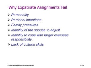 © 2005 Prentice Hall Inc. All rights reserved. 17–738
Why Expatriate Assignments Fail
 Personality
 Personal intentions
 Family pressures
 Inability of the spouse to adjust
 Inability to cope with larger overseas
responsibility.
 Lack of cultural skills
 