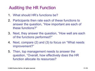 © 2005 Prentice Hall Inc. All rights reserved. 17–751
Auditing the HR Function
1. What should HR’s functions be?
2. Participants then rate each of these functions to
answer the question, ―How important are each of
these functions?‖
3. Next, they answer the question, ―How well are each
of the functions performed?‖
4. Next, compare (2) and (3) to focus on ―What needs
improvement?‖
5. Then, top management needs to answer the
question, ―Overall, how effectively does the HR
function allocate its resources?
 