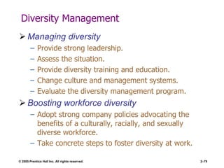 © 2005 Prentice Hall Inc. All rights reserved. 2–79
Diversity Management
 Managing diversity
– Provide strong leadership.
– Assess the situation.
– Provide diversity training and education.
– Change culture and management systems.
– Evaluate the diversity management program.
 Boosting workforce diversity
– Adopt strong company policies advocating the
benefits of a culturally, racially, and sexually
diverse workforce.
– Take concrete steps to foster diversity at work.
 