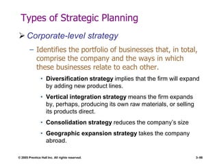 © 2005 Prentice Hall Inc. All rights reserved. 3–98
Types of Strategic Planning
 Corporate-level strategy
– Identifies the portfolio of businesses that, in total,
comprise the company and the ways in which
these businesses relate to each other.
• Diversification strategy implies that the firm will expand
by adding new product lines.
• Vertical integration strategy means the firm expands
by, perhaps, producing its own raw materials, or selling
its products direct.
• Consolidation strategy reduces the company’s size
• Geographic expansion strategy takes the company
abroad.
 