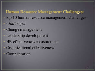 •   top 10 human resource management challenges:
•   Challenges
•   Change management
•   Leadership development
•   HR effectiveness measurement
•   Organizational effectiveness
•   Compensation


                                               31
 