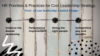 Enhance the
Boards’
Leadership
HR Priorities & Practices for Cost Leadership Strategy.
Performance
improvement
Hiring the
...
