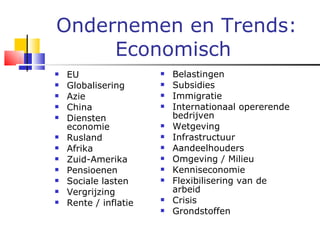 Ondernemen en Trends: Economisch  <ul><li>EU </li></ul><ul><li>Globalisering </li></ul><ul><li>Azie </li></ul><ul><li>Chin...