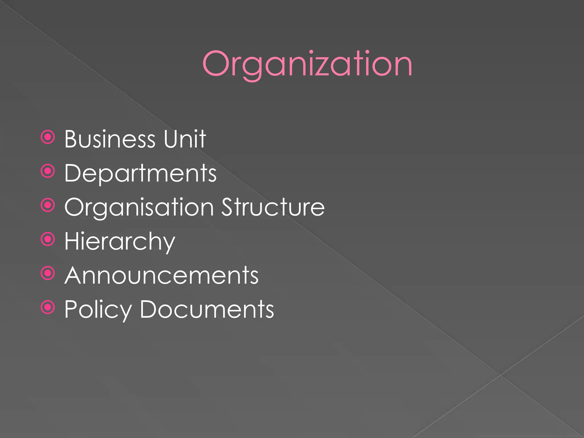 Organization
 Business Unit
 Departments
 Organisation Structure
 Hierarchy
 Announcements
 Policy Documents
 