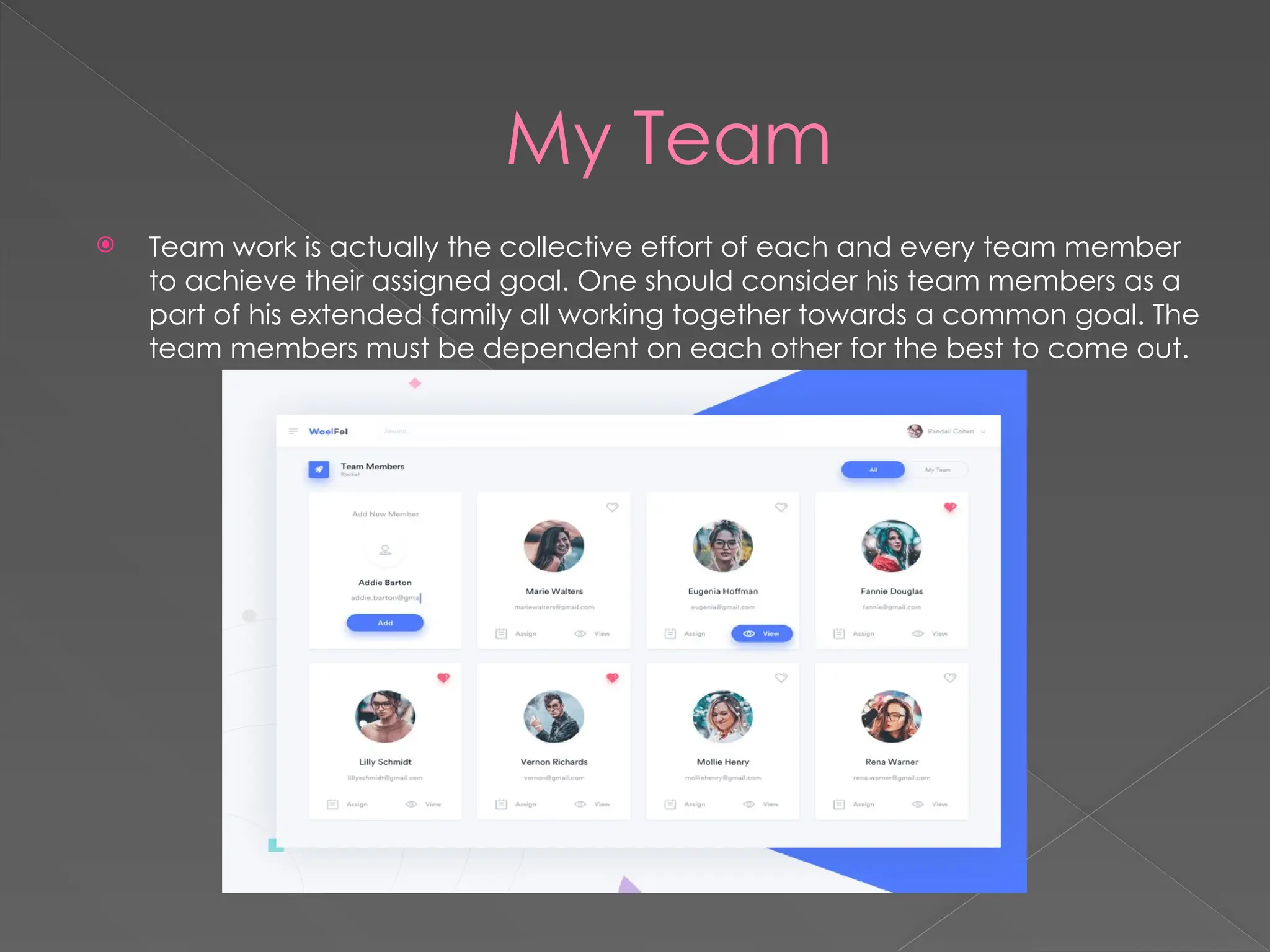 My Team
 Team work is actually the collective effort of each and every team member
to achieve their assigned goal. One should consider his team members as a
part of his extended family all working together towards a common goal. The
team members must be dependent on each other for the best to come out.
 