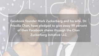 Amazon	founder	Jeﬀ	Bezos	has	put	money	into	General	Fusion
Facebook founder Mark Zuckerberg and his wife, Dr.
Priscilla Chan, have pledged to give away 99 percent
of their Facebook shares through the Chan
Zuckerberg Initiative LLC
 