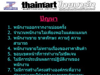 ปัญหา พนักงานออกจากงานบ่อยครั้ง จำนวนพนักงานไม่เพียงพอในแต่ละแผนก พนักงานขาย ขาดทักษะ ความรู้ ความสามารถ  พนักงานขายไม่ทราบเรื่องของราคาสินค้า ขอบเขตหน้าที่การทำงานไม่ชัดเจน ไม่มีการประเมินผลการปฏิบัติงานของพนักงาน ไม่มีการสร้างโครงสร้างองค์กรเพื่อวางตำแหน่งงานให้ถูกต้องและครบถ้วนตามโครงสร้างการทำงานของบริษัท 