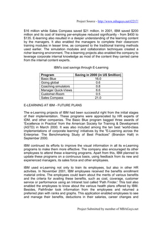 Project Source - http://www.mbaguys.net/t2217/


$16 million while Sales Compass saved $21 million. In 2001, IBM saved $200
million and its cost of training per-employee reduced significantly - from $400 to
$135. E-learning also resulted in a deeper understanding of the learning content
by the managers. It also enabled the managers to complete their classroom
training modules in lesser time, as compared to the traditional training methods
used earlier. The simulation modules and collaboration techniques created a
richer learning environment. The e-learning projects also enabled the company to
leverage corporate internal knowledge as most of the content they carried came
from the internal content experts.

                     IBM’s cost savings through E-Learning

            Program             Saving in 2000 (in US $million)
            Basic Blue                       16.0
            Going global                      0.6
            Coaching simulators               0.8
            Manager Quick-Views               6.6
            Customer-Room                     0.5
            Sales Compass                    21.0

E-LEARNING AT IBM - FUTURE PLANS

The e-Learning projects of IBM had been successful right from the initial stages
of their implementation. These programs were appreciated by HR experts of
IDM, and other companies. The Basic Blue program bagged three awards of
'Excellence in Practice' from the American Society for Training & Development
(ASTD) in March 2000. It was also included among the ten best 'world-class
implementations of corporate learning' initiatives by the "E-Learning across the
Enterprise: The Benchmarking Study of Best Practices" (Brandon Hall) in
September 2000.

IBM continued its efforts to improve the visual information in all its e-Learning
programs to make them more effective. The company also encouraged its other
employees to attend these e-learning programs. Apart from this, IBM planned to
update these programs on a continuous basis, using feedback from its new and
experienced managers, its sales force and other employees.

IBM used e-Learning not only to train its employees, but also in other HR
activities. In November 2001, IBM employees received the benefits enrollment
material online. The employees could learn about the merits of various benefits
and the criteria for availing these benefits, such as cost, coverage, customer
service or performance using an Intranet tool called 'Path Finder.' This tool also
enabled the employees to know about the various health plans offered by IBM.
Besides, Pathfinder took information from the employees and returned a
preferred plan with ranks and graphs. This application enabled employees to see
and manage their benefits, deductions in their salaries, career changes and


                                      Project Submitted by member of MBAGuys.net
 