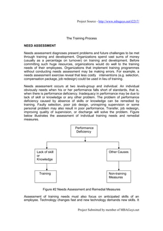 Project Source - http://www.mbaguys.net/t2217/




                             The Training Process

NEED ASSESSMENT

Needs assessment diagnoses present problems and future challenges to be met
through training and development. Organizations spend vast sums of money
(usually as a percentage on turnover) on training and development. Before
committing such huge resources, organizations would do well to the training
needs of their employees. Organizations that implement training programmes
without conducting needs assessment may be making errors. For example, a
needs assessment exercise reveal that less costly interventions (e.g. selection,
compensation package, job redesign) could be used in lieu of training.

Needs assessment occurs at two levels-group and individual. An individual
obviously needs when his or her performance falls short of standards, that is,
when there is performance deficiency. Inadequacy in performance may be due to
lack of skill or knowledge or any other problem. The problem of performance
deficiency caused by absence of skills or knowledge can be remedied by
training. Faulty selection, poor job design, uninspiring supervision or some
personal problem may also result in poor performance. Transfer, job redesign,
improving quality of supervision, or discharge will solve the problem. Figure
below illustrates the assessment of individual training needs and remedial
measures.

                                   Performance
                                    Deficiency




        Lack of skill                                      Other Causes
        or
        Knowledge



          Training                                         Non-training
                                                           Measures


             Figure #2 Needs Assessment and Remedial Measures

Assessment of training needs must also focus on anticipated skills of an
employee. Technology changes fast and new technology demands new skills. It


                                     Project Submitted by member of MBAGuys.net
 