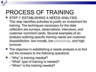 PROCESS OF TRAINING
 STEP 1: ESTABLISHING A NEEDS ANALYSIS.
This step identifies activities to justify an investment for
training. The techniques necessary for the data
collection are surveys, observations, interviews, and
customer comment cards. Several examples of an
analysis outlining specific training needs are customer
dissatisfaction, low morale, low productivity, and high
turnover.
 The objective in establishing a needs analysis is to find
out the answers to the following questions:
 - “Why” is training needed?
- “What” type of training is needed?
- “When” is the training needed?
 