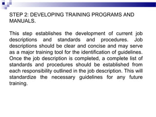 STEP 2: DEVELOPING TRAINING PROGRAMS AND
MANUALS.
This step establishes the development of current job
descriptions and standards and procedures. Job
descriptions should be clear and concise and may serve
as a major training tool for the identification of guidelines.
Once the job description is completed, a complete list of
standards and procedures should be established from
each responsibility outlined in the job description. This will
standardize the necessary guidelines for any future
training.
 