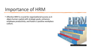 Importance of HRM
• Effective HRM is crucial for organizational success as it
aligns human capital with strategic goals, enhances
employee productivity, and fosters a positive workplace
culture.
This Photo by Unknown author is licensed under CC BY.
 