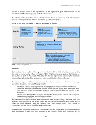 Strategic Personnel Planning 
12
requires a strategic vision of the organization, so the organization goals and ambitions can be
translated in HRM and training policy (and HR-instruments).
The activities of this project are placed within the perspective of a general approach in five steps to
conduct a Strategic Personnel Planning (developed by KPMG consultancy):
FIGURE 1: FIVE STEPS TO CONDUCT STRATEGIC PERSONNEL PLANNING
Analysis
Making Choices
Action
KPMG Business Advisory Services B.V.
METHOD
Statistics Netherlands used the following method to draft the SPP in 2006: A trend estimate regarding
the need for human capital inflows in the period 2006-2012 based on an analysis of the historical in-
and outflow of staff in the period 2000-2005, the flow (as expressed in obtaining function scale
increases by employees) and the development in the age distribution of the employees.
A qualitative analysis about future developments in the statistical processes, and the needed knowledge
and skills in the coming five years. More specifically:
 What level, function scale, requirements and competences are required in the near future?
 The match or mismatch between the available and the required quality of the employees. How
does the actual level of training of the employees relate to the level of training required for the
functions?
 The actual functioning of the employees. What part of the employees function well or very well
and how many employees’ functioning is insufficient?
An inventory of the labour market developments was made by performing a literature study. The
expected future situation on the labour market was mapped by combining several studies (among
others the Dutch Research Centre for Education and Labour market (ROA), Dutch Council for
Government Staff, the Dutch Council for Work and Income).
Representatives from other organisations (comparable in size and properties of Statistics Netherlands)
were interviewed to learn from their experiences and insights. Finally, after processing all the
Step 1
Analysis of future
needs quantitative
& qualitative
personnel file
Step 2
Mapping development
need, ability and
readiness at the individual
level
Step 3
Scenario planning:
- development of personnel costs
- qualitative & quantitative personnel
file based on in-, through-, and outflow
Step 4
Make choices on the basis of analysis and
scenario planning
Step 5: Formal conversation in organization:
a: About development of employees
b: or When development is no option:
- adapt the organization to the employees
- or employees will have to leave Organization
 