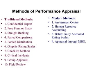 Methods of Performance Appraisal
• Traditional Methods:
• 1. Confidential Report
• 2. Free Form or Essay
• 3. Straight Ranking
• 4. Paired Comparisons
• 5. Forced Distribution
• 6. Graphic Rating Scales
• 7. Checklist Method
• 8. Critical Incidents
• 9. Group Appraisal
• 10. Field Review
• Modern Methods:
• 1. Assessment Centre
• 2. Human Resource
Accounting
• 3. Behaviorally Anchored
Rating Scales
• 4. Appraisal through MBO.
 