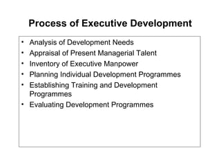 Process of Executive Development
• Analysis of Development Needs
• Appraisal of Present Managerial Talent
• Inventory of Executive Manpower
• Planning Individual Development Programmes
• Establishing Training and Development
Programmes
• Evaluating Development Programmes
 