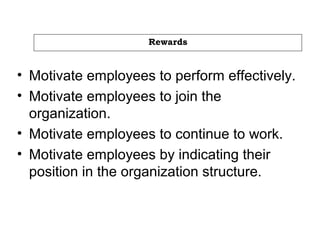 Rewards
• Motivate employees to perform effectively.
• Motivate employees to join the
organization.
• Motivate employees to continue to work.
• Motivate employees by indicating their
position in the organization structure.
 
