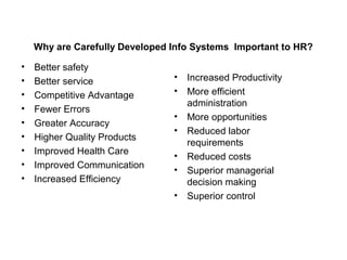 Why are Carefully Developed Info Systems Important to HR?
• Better safety
• Better service
• Competitive Advantage
• Fewer Errors
• Greater Accuracy
• Higher Quality Products
• Improved Health Care
• Improved Communication
• Increased Efficiency
• Increased Productivity
• More efficient
administration
• More opportunities
• Reduced labor
requirements
• Reduced costs
• Superior managerial
decision making
• Superior control
 