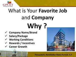 Why ?
What is Your Favorite Job
and Company
2
 Company Name/Brand
 Salary/Package
 Working Conditions
 Rewards / Incentives
 Career Growth
 