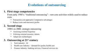 Evolutions of outsourcing
1. First stage competencies
From early 1980’s- “traditional outsourcing” – non core activities widely used to reduce
costs
• Transaction cost approach, Comparative advantages
• Reduce costs and maximize profits
2. Second stage
1990’s to 2000- strategic outsourcing
• Assessing external Expertise
• Utilizing external resource, talents.
• Adopt new technologies
3. Outsourcing at 21st
century
1. Tech industry- AI
2. Health care industry – demand for quality health care
3. Finance industry- banking services, Financial services etc.
 