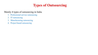 Types of Outsourcing
Mainly 4 types of outsourcing in India
1. Professional service outsourcing
2. IT outsourcing
3. Manufacturing outsourcing
4. Project based outsourcing
 