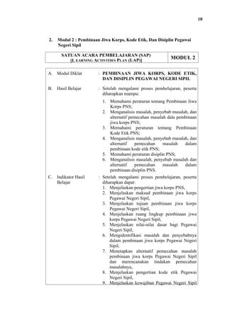 10

2.

Modul 2 : Pembinaan Jiwa Korps, Kode Etik, Dan Disiplin Pegawai
Negeri Sipil
SATUAN ACARA PEMBELAJARAN (SAP)
[L EARNING ACTIVITIES PLAN (LAP)]

MODUL 2

A. Modul Diklat

: PEMBINAAN JIWA KORPS, KODE ETIK,
DAN DISIPLIN PEGAWAI NEGERI SIPIL

B. Hasil Belajar

: Setelah mengalami proses pembelajaran, peserta
diharapkan mampu:
1. Memahami peraturan tentang Pembinaan Jiwa
Korps PNS;
2. Menganalisis masalah, penyebab masalah, dan
alternatif pemecahan masalah dala pembinaan
jiwa korps PNS;
3. Memahami peraturan tentang Pembinaan
Kode Etik PNS;
4. Menganalisis masalah, penyebab masalah, dan
alternatif
pemecahan
masalah
dalam
pembinaan kode etik PNS;
5. Memahami peraturan disiplin PNS;
6. Menganalisis masalah, penyebab masalah dan
alternatif
pemecahan
masalah
dalam
pembinaan disiplin PNS.

C. Indikator Hasil
Belajar

: Setelah mengalami proses pembelajaran, peserta
diharapkan dapat:
1. Menjelaskan pengertian jiwa korps PNS,
2. Menjelaskan maksud pembinaan jiwa korps
Pegawai Negeri Sipil,
3. Menjelaskan tujuan pembinaan jiwa korps
Pegawai Negeri Sipil,
4. Menjelaskan ruang lingkup pembinaan jiwa
korps Pegawai Negeri Sipil,
5. Menjelaskan nilai-nilai dasar bagi Pegawai
Negeri Sipil,
6. Mengidentifikasi masalah dan penyebabnya
dalam pembinaan jiwa korps Pegawai Negeri
Sipil,
7. Menetapkan alternatif pemecahan masalah
pembinaan jiwa korps Pegawai Negeri Sipil
dan merencanakan tindakan pemecahan
masalahnya,
8. Menjelaskan pengertian kode etik Pegawai
Negeri Sipil,
9. Menjelaskan kewajiban Pegawai Negeri Sipil

 