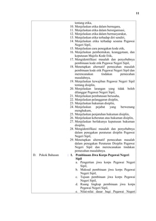 11

D. Pokok Bahasan

tentang etika,
10. Menjelaskan etika dalam bernegara,
11. Menjelaskan etika dalam berorganisasi,
12. Menjelaskan etika dalam bermasyarakat,
13. Menjelaskan etika terhadap diri sendiri,
14. Menjelaskan etika terhadap sesama Pegawai
Negeri Sipil,
15. Menjelaskan cara penegakan kode etik,
16. Menjelaskan pembentukan, keanggotaan, dan
keputusan Majelis Kode Etik,
17. Mengidentifikasi masalah dan penyebabnya
pembinaan kode etik Pegawai Negeri Sipil,
18. Menetapkan alternatif pemecahan masalah
pembinaan kode etik Pegawai Negeri Sipil dan
merencanakan
tindakan
pemecahan
masalahnya,
19. Menjelaskan kewajiban Pegawai Negeri Sipil
tentang disiplin,
20. Menjelaskan larangan yang tidak boleh
dilanggar Pegawai Negeri Sipil,
21. Menjelaskan pembatasan berusaha,
22. Menjelaskan pelanggaran disiplin,
23. Menjelaskan hukuman disiplin,
24. Menjelaskan
pejabat
yang
berwenang
menghukum,
25. Menjelaskan penjatuhan hukuman disiplin,
26. Menjelaskan keberatan atas hukuman disiplin,
27. Menjelaskan berlakunya keputusan hukuman
disiplin,
28. Mengidentifikasi masalah dan penyebabnya
dalam penegakan peraturan disiplin Pegawai
Negeri Sipil,
29. Menetapkan alternatif pemecahan masalah
dalam penegakan Peraturan Disiplin Pegawai
Negeri Sipil dan merencanakan tindakan
pemecahan masalahnya.
: 1. Pembinaan Jiwa Korps Pegawai Negeri
Sipil
a. Pengertian jiwa korps Pegawai Negeri
Sipil,
b. Maksud pembinaan jiwa korps Pegawai
Negeri Sipil,
c. Tujuan pembinaan jiwa korps Pegawai
Negeri Sipil,
d. Ruang lingkup pembinaan jiwa korps
Pegawai Negeri Sipil,
e. Nilai-nilai dasar bagi Pegawai Negeri

 