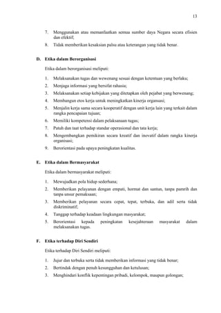 13

7.

Menggunakan atau memanfaatkan semua sumber daya Negara secara efisien
dan efektif;

8.

Tidak memberikan kesaksian palsu atau keterangan yang tidak benar.

D. Etika dalam Berorganisasi
Etika dalam berorganisasi meliputi:
1.

Melaksanakan tugas dan wewenang sesuai dengan ketentuan yang berlaku;

2.

Menjaga informasi yang bersifat rahasia;

3.

Melaksanakan setiap kebijakan yang ditetapkan oleh pejabat yang berwenang;

4.

Membangun etos kerja untuk meningkatkan kinerja organsasi;

5.

Menjalin kerja sama secara kooperatif dengan unit kerja lain yang terkait dalam
rangka pencapaian tujuan;

6.

Memiliki kompetensi dalam pelaksanaan tugas;

7.

Patuh dan taat terhadap standar operasional dan tata kerja;

8.

Mengembangkan pemikiran secara kreatif dan inovatif dalam rangka kinerja
organisasi;

9.

Berorientasi pada upaya peningkatan kualitas.

E. Etika dalam Bermasyarakat
Etika dalam bermasyarakat meliputi:
1.
2.

Memberikan pelayanan dengan empati, hormat dan santun, tanpa pamrih dan
tanpa unsur pemaksaan;

3.

Memberikan pelayanan secara cepat, tepat, terbuka, dan adil serta tidak
diskriminatif;

4.

Tanggap terhadap keadaan lingkungan masyarakat;

5.

F.

Mewujudkan pola hidup sederhana;

Berorientasi kepada
melaksanakan tugas.

peningkatan

kesejahteraan

masyarakat

Etika terhadap Diri Sendiri
Etika terhadap Diri Sendiri meliputi:
1.

Jujur dan terbuka serta tidak memberikan informasi yang tidak benar;

2.

Bertindak dengan penuh kesungguhan dan ketulusan;

3.

Menghindari konflik kepentingan pribadi, kelompok, maupun golongan;

dalam

 