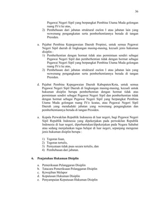 36

Pegawai Negeri Sipil yang berpangkat Pembina Utama Muda golongan
ruang IV/e ke atas,
2) Pembebasan dari jabatan struktural eselon I atau jabatan lain yang
wewenang pengangkatan serta pemberhentiannya berada di tangan
Presiden.
a. Pejabat Pembina Kepegawaian Daerah Propinsi, untuk semua Pegawai
Negeri Sipil daerah di lingkungan masing-masing, kecuali jenis hukuman
disiplin :
1) Pemberhentian dengan hormat tidak atas permintaan sendiri sebagai
Pegawai Negeri Sipil dan pemberhentian tidak dengan hormat sebagai
Pegawai Negeri Sipil yang berpangkat Pembina Utama Muda golongan
ruang IV/e ke atas,
2) Pembebasan dari jabatan struktural eselon I atau jabatan lain yang
wewenang pengangkatan serta pemberhentiannya berada di tangan
Presiden.
d. Pejabat Pembina Kepegawaian Daerah Kabupaten/Kota, untuk semua
Pegawai Negeri Sipil Daerah di lingkungan masing-masing, kecuali untuk
hukuman disiplin berupa pemberhentian dengan hormat tidak atas
permintaan sendiri sebagai Pegawai Negeri Sipil dan pemberhentian tidak
dengan hormat sebagai Pegawai Negeri Sipil yang berpangkat Pembina
Utama Muda golongan ruang IV/e keatas, atau Pegawai Negeri Sipil
Daerah yang menduduki jabatan yang wewenang pengangkatan dan
pemberhentiannya berada di tangan Presiden.
a. Kepala Perwakilan Republik Indonesia di luar negeri, bagi Pegawai Negeri
Sipil Republik Indonesia yang dipekerjakan pada perwakilan Republik
Indonesia di luar negeri, diperbantukan/dipekerjakan pada Negara Sahabat
atau sedang menjalankan tugas belajar di luar negeri, sepanjang mengenai
jenis hukuman disiplin berupa :
1)
2)
3)
4)
6.

Tegoran lisan,
Tegoran tertulis,
Pernyataan tidak puas secara tertulis, dan
Pembebasan dari jabatan.

Penjatuhan Hukuman Disiplin
a.
b.
c.
d.
e.

Pemeriksaan Pelanggaran Disiplin
Tatacara Pemeriksaan Pelanggaran Disiplin
Kewajiban Melapor
Keputusan Hukuman Disiplin
Penyampaian Keputusan Hukuman Disiplin

 