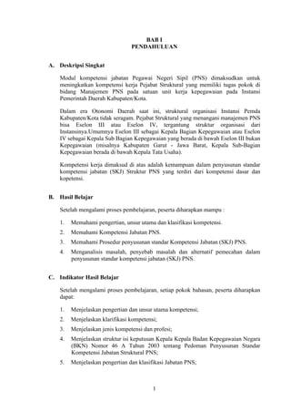 BAB I
PENDAHULUAN
A. Deskripsi Singkat
Modul kompetensi jabatan Pegawai Negeri Sipil (PNS) dimaksudkan untuk
meningkatkan kompetensi kerja Pejabat Struktural yang memiliki tugas pokok di
bidang Manajemen PNS pada satuan unit kerja kepegawaian pada Instansi
Pemerintah Daerah Kabupaten/Kota.
Dalam era Otonomi Daerah saat ini, struktural organisasi Instansi Pemda
Kabupaten/Kota tidak seragam. Pejabat Struktural yang menangani manajemen PNS
bisa Eselon III atau Eselon IV, tergantung struktur organisasi dari
Instansinya.Umumnya Eselon III sebagai Kepala Bagian Kepegawaian atau Eselon
IV sebagai Kepala Sub Bagian Kepegawaian yang berada di bawah Eselon III bukan
Kepegawaian (misalnya Kabupaten Garut - Jawa Barat, Kepala Sub-Bagian
Kepegawaian berada di bawah Kepala Tata Usaha).
Kompetensi kerja dimaksud di atas adalah kemampuan dalam penyusunan standar
kompetensi jabatan (SKJ) Struktur PNS yang terdiri dari kompetensi dasar dan
kopetensi.
B. Hasil Belajar
Setelah mengalami proses pembelajaran, peserta diharapkan mampu :
1.

Memahami pengertian, unsur utama dan klasifikasi kompetensi.

2.

Memahami Kompetensi Jabatan PNS.

3.

Memahami Prosedur penyusunan standar Kompetensi Jabatan (SKJ) PNS.

4.

Menganalisis masalah, penyebab masalah dan alternatif pemecahan dalam
penyusunan standar kompetensi jabatan (SKJ) PNS.

C. Indikator Hasil Belajar
Setelah mengalami proses pembelajaran, setiap pokok bahasan, peserta diharapkan
dapat:
1.

Menjelaskan pengertian dan unsur utama kompetensi;

2.

Menjelaskan klarifikasi kompetensi;

3.

Menjelaskan jenis kompetensi dan profesi;

4.

Menjelaskan struktur isi keputusan Kepala Kepala Badan Kepegawaian Negara
(BKN) Nomor 46 A Tahun 2003 tentang Pedoman Penyusunan Standar
Kompetensi Jabatan Struktural PNS;

5.

Menjelaskan pengertian dan klasifikasi Jabatan PNS;

1

 