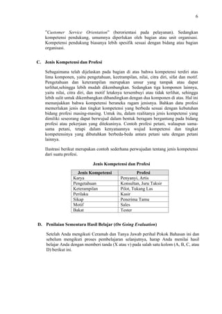 6

”Customer Service Orientation” (berorientasi pada pelayanan). Sedangkan
kompetensi pendukung, umumnya diperlukan oleh bagian atau unit organisasi.
Kompetensi pendukung biasanya lebih spesifik sesuai dengan bidang atau bagian
organisasi.
C. Jenis Kompetensi dan Profesi
Sebagaimana telah dijelaskan pada bagian di atas bahwa kompetensi terdiri atas
lima komponen, yaitu pengetahuan, keetrampilan, nilai, citra diri, sifat dan motif.
Pengetahuan dan keterampilan merupakan unsur yang tampak atau dapat
terlihat,sehingga lebih mudah dikembangkan. Sedangkan tiga komponen lainnya,
yaitu nilai, citra diri, dan motif letaknya tersembuyi atau tidak terlihat, sehingga
lebih sulit untuk dikembangkan dibandingkan dengan dua komponen di atas. Hal ini
menunjukkan bahwa kompetensi beraneka ragam jenisnya. Bahkan datu profesi
memerlukan jenis dan tingkat kompetensi yang berbeda sesuai dengan kebutuhan
bidang profesi masing-masing. Untuk itu, dalam realitanya jenis kompetensi yang
dimiliki seseorang dapat berwujud dalam bentuk beragam bergantung pada bidang
profesi atau pekerjaan yang ditekuninya. Contoh profesi petani, walaupun samasama petani, tetapi dalam kenyataannya wujud kompetensi dan tingkat
kompetensinya yang dibutuhkan berbeda-beda antara petani satu dengan petani
lainnya.
Ilustrasi berikut merupakan contoh sederhana perwujudan tentang jenis kompetensi
dari suatu profesi.
Jenis Kompetensi dan Profesi
Jenis Kompetensi
Karya
Pengetahuan
Keterampilan
Perilaku
Sikap
Motif
Bakat

Profesi
Penyanyi, Artis
Konsultan, Juru Taksir
Pilot, Tukang Las
Kasir
Penerima Tamu
Sales
Tester

D. Penilaian Sementara Hasil Belajar (On Going Evaluation)
Setelah Anda mengikuti Ceramah dan Tanya Jawab perihal Pokok Bahasan ini dan
sebelum mengikuti proses pembelajaran selanjutnya, harap Anda menilai hasil
belajar Anda dengan memberi tanda (X atau v) pada salah satu kolom (A, B, C, atau
D) berikut ini.

 