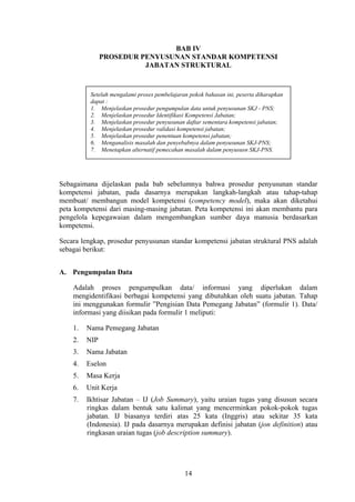BAB IV
PROSEDUR PENYUSUNAN STANDAR KOMPETENSI
JABATAN STRUKTURAL

Setelah mengalami proses pembelajaran pokok bahasan ini, peserta diharapkan
dapat :
1. Menjelaskan prosedur pengumpulan data untuk penyusunan SKJ - PNS;
2. Menjelaskan prosedur Identifikasi Kompetensi Jabatan;
3. Menjelaskan prosedur penyusunan daftar sementara kompetensi jabatan;
4. Menjelaskan prosedur validasi kompetensi jabatan;
5. Menjelaskan prosedur penentuan kompetensi jabatan;
6. Menganalisis masalah dan penyebabnya dalam penyusunan SKJ-PNS;
7. Menetapkan alternatif pemecahan masalah dalam penyususn SKJ-PNS.

Sebagaimana dijelaskan pada bab sebelumnya bahwa prosedur penyusunan standar
kompetensi jabatan, pada dasarnya merupakan langkah-langkah atau tahap-tahap
membuat/ membangun model kompetensi (competency model), maka akan diketahui
peta kompetensi dari masing-masing jabatan. Peta kompetensi ini akan membantu para
pengelola kepegawaian dalam mengembangkan sumber daya manusia berdasarkan
kompetensi.
Secara lengkap, prosedur penyusunan standar kompetensi jabatan struktural PNS adalah
sebagai berikut:
A. Pengumpulan Data
Adalah proses pengumpulkan data/ informasi yang diperlukan dalam
mengidentifikasi berbagai kompetensi yang dibutuhkan oleh suatu jabatan. Tahap
ini menggunakan formulir ”Pengisian Data Pemegang Jabatan” (formulir 1). Data/
informasi yang diisikan pada formulir 1 meliputi:
1.

Nama Pemegang Jabatan

2.

NIP

3.

Nama Jabatan

4.

Eselon

5.

Masa Kerja

6.

Unit Kerja

7.

Ikhtisar Jabatan – IJ (Job Summary), yaitu uraian tugas yang disusun secara
ringkas dalam bentuk satu kalimat yang mencerminkan pokok-pokok tugas
jabatan. IJ biasanya terdiri atas 25 kata (Inggris) atau sekitar 35 kata
(Indonesia). IJ pada dasarnya merupakan definisi jabatan (jon definition) atau
ringkasan uraian tugas (job description summary).

14

 