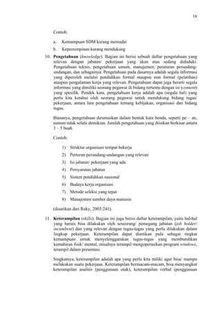16

Contoh:
a.

Kemampuan SDM kurang memadai

b.

Kepemimpinan kurang mendukung

10. Pengetahuan (knowledge). Bagian ini berisi sebuah daftar pengetahuan yang
relevan dengan jabatan/ pekerjaan yang akan atau sedang diduduki.
Pengetahuan teknis, pengetahuan umum, manajemen, peraturan perundangundangan, dan sebagainya. Pengetahuan pada dasarnya adalah segala informasi
yang diperoleh melalui pendidikan formal maupun non formal (pelatihan)
ataupun pengalaman kerja yang relevan. Pengetahuan dapat juga berarti segala
informasi yang dimiliki seorang pegawai di bidang tertentu dengan isi (content)
yang spesifik. Pendek kata, pengetahuan kerja adalah apa (segala hal) yang
perlu kita ketahui oleh seorang pegawai untuk mendukung bidang tugas/
pekerjaan, antara lain pengetahuan tentang kebijakan, organisasi dan bidang
tugas.
Biasanya, pengetahuan dirumuskan dalam bentuk kata benda, seperti pe – an,
namun tidak selalu demikian. Jumlah pengetahuan yang diisikan berkisar antara
3 – 5 buah.
Contoh:
1) Struktur organisasi tempat bekerja
2) Perturan perundang-undangan yang relevan
3) Isi jabatan/ pekerjaan yang ada
4) Persyaratan jabatan
5) Sistem pendidikan nasional
6) Budaya kerja organisasi
7) Metode seleksi yang tepat
8) Manajemen sumber daya manusia
(disarikan dari Ruky, 2003:241).
11. Keterampilan (skills). Bagian ini juga berisi daftar keterampilan, yaitu hal-hal
yang haruis bisa dilakukan oleh seseorang/ pemegang jabatan (job holder/
incumbent) dan yang relevan dengan tugas-tugas yang perlu dilakukan dalam
lingkup pekerjaan. Keterampilan dapat diartikan pula sebagai tingkat
kemampuan untuk menyelenggarakan tugas-tugas yang membutuhkan
kemahiran fisik/ mental, misalnya terampil mengoperasikan program windows,
terampil dalam presentasi.
Singkatnya, keterampilan adalah apa yang perlu kita miliki agar bisa/ mampu
melakukan suatu pekerjaan. Keterampilan bermacam-macam, bisa menyangkut
keterampilan analitis (penggunaan otak), keterampilan verbal (penggunaan

 