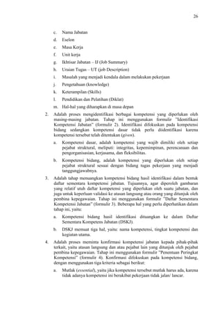 26

c.

Nama Jabatan

d.

Eselon

e.

Masa Kerja

f.

Unit kerja

g.

Ikhtisar Jabatan – IJ (Job Summary)

h.

Uraian Tugas – UT (job Description)

i.

Masalah yang menjadi kendala dalam melakukan pekerjaan

j.

Pengetahuan (knowledge)

k.

Keterampilan (Skills)

l.

Pendidikan dan Pelatihan (Diklat)

m. Hal-hal yang diharapkan di masa depan
2.

Adalah proses mengidentifikasi berbagai kompetensi yang diperlukan oleh
masing-masing jabatan. Tahap ini menggunakan formulir ”Identifikasi
Kompetensi Jabatan” (formulir 2). Identifikasi difokuskan pada kompetensi
bidang sedangkan kompetensi dasar tidak perlu diidentifikasi karena
kompetensi tersebut telah ditentukan (given).
a.

b.

3.

Kompetensi dasar, adalah kompetensi yang wajib dimiliki oleh setiap
pejabat struktural, meliputi: integritas, kepemimpinan, perencanaan dan
pengorganisasian, kerjasama, dan fleksibilitas.
Kompetensi bidang, adalah kompetensi yang diperlukan oleh setiap
pejabat struktural sesuai dengan bidang tugas pekerjaan yang menjadi
tanggungjawabnya.

Adalah tahap menuangkan kompetensi bidang hasil identifikasi dalam bentuk
daftar sementara kompetensi jabatan. Tujuannya, agar diperoleh gambaran
yang relatif utuh daftar kompetensi yang diperlukan oleh suatu jabatan, dan
juga untuk keperluan validasi ke atasan langsung atau orang yang ditunjuk oleh
pembina kepegawaian. Tahap ini menggunakan formulir ”Daftar Sementara
Kompetensi Jabatan” (formulir 3). Beberapa hal yang perlu diperhatikan dalam
tahap ini, yaitu:
a.
b.

4.

Kompetensi bidang hasil identifikasi dituangkan ke dalam Daftar
Sementara Kompetens Jabatan (DSKJ).
DSKJ memuat tiga hal, yaitu: nama kompetensi, tingkat kompetensi dan
kegiatan utama.

Adalah proses meminta konfirmasi kompetensi jabatan kepada pihak-pihak
terkait, yaitu atasan langsung dan atau pejabat lain yang ditunjuk oleh pejabat
pembina kepegawaian. Tahap ini menggunakan formulir ”Penentuan Peringkat
Kompetensi” (formulir 4). Konfirmasi difokuskan pada kompetensi bidang,
dengan menggunakan tiga kriteria sebagai berikut:
a.

Mutlak (essential), yaitu jika kompetensi tersebut mutlak harus ada, karena
tidak adanya kompetensi ini berakibat pekerjaan tidak jalan/ lancar.

 