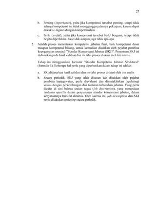 27

b.

c.
5.

Penting (importance), yaitu jika kompetensi tersebut penting, tetapi tidak
adanya kompetensi ini tidak mengganggu jalannya pekerjaan, karena dapat
diwakili/ diganti dengan kompetensilain.
Perlu (useful), yaitu jika kompetensi tersebut baik/ berguna, tetapi tidak
begitu diperlukan. Jika tidak adapun juga tidak apa-apa.

Adalah proses menentukan kompetensi jabatan final, baik kompetensi dasar
maupun kompetensi bidang, untuk kemudian disahkan oleh pejabat pembina
kepegawaian menjadi ”Standar Kompetensi Jabatan (SKJ)”. Penentuan SKJ ini
didasarkan pada hasil validasi dan melalui proses diskusi oleh tim analis.
Tahap ini menggunakan formulir ”Standar Kompetensi Jabatan Struktural”
(formulir 5). Beberapa hal perlu yang diperhatikan dalam tahap ini adalah:
a.

SKj didasarkan hasil validasi dan melalui proses diskusi oleh tim analis

b.

Secara periodik, SKJ yang telah disusun dan disahkan oleh pejabat
pembina kepegawaian, perlu dievaluasi dan dimutakhirkan (updating)
sesuai dengan perkembangan dan tuntutan kebutuhan jabatan. Yang perlu
dicatat di sini bahwa uraian tugas (job description), yang merupakan
landasan spesifik dalam penyusunan standar kompetensi jabatan, dalam
kenyataannya bersifat dinamis. Oleh karena itu, job description dan SKJ
perlu dilakukan updating secara periodik.

 