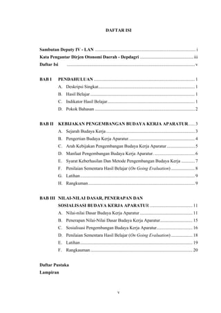 DAFTAR ISI

Sambutan Deputy IV - LAN .......................................................................................... i
Kata Pengantar Dirjen Otonomi Daerah - Depdagri ................................................iii
Daftar Isi
BAB I

.................................................................................................................. v

PENDAHULUAN .......................................................................................... 1
A. Deskripsi Singkat...................................................................................... 1
B. Hasil Belajar ............................................................................................. 1
C. Indikator Hasil Belajar.............................................................................. 1
D. Pokok Bahasan ......................................................................................... 2

BAB II

KEBIJAKAN PENGEMBANGAN BUDAYA KERJA APARATUR...... 3
A. Sejarah Budaya Kerja ............................................................................... 3
B. Pengertian Budaya Kerja Aparatur........................................................... 4
C. Arah Kebijakan Pengembangan Budaya Kerja Aparatur ......................... 5
D. Manfaat Pengembangan Budaya Kerja Aparatur. .................................... 6
E. Syarat Keberhasilan Dan Metode Pengembangan Budaya Kerja ............ 7
F. Penilaian Sementara Hasil Belajar (On Going Evaluation) ..................... 8
G. Latihan ...................................................................................................... 9
H. Rangkuman............................................................................................... 9

BAB III NILAI-NILAI DASAR, PENERAPAN DAN
SOSIALISASI BUDAYA KERJA APARATUR ...................................... 11
A. Nilai-nilai Dasar Budaya Kerja Aparatur ............................................... 11
B. Penerapan Nilai-Nilai Dasar Budaya Kerja Aparatur............................. 15
C. Sosialisasi Pengembangan Budaya Kerja Aparatur................................ 16
D. Penilaian Sementara Hasil Belajar (On Going Evaluation) ................... 18
E. Latihan .................................................................................................... 19
F. Rangkauman ........................................................................................... 20
Daftar Pustaka
Lampiran

v

 