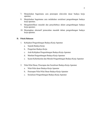 2
7.

Menjelaskan bagaimana cara penerapan nilai-nilai dasar budaya kerja
aparatur;

8.

Menjelaskan bagaimana cara melakukan sosialisasi pengembangan budaya
kerja aparatur;

9.

Mengidentifikasi masalah dan penyebabnya dalam pengembangan budaya
kerja aparatur;

10. Menetapkan alternatif pemecahan masalah dalam pengembangan budaya
kerja aparatur.
D. Pokok Bahasan
1.

Kebijakan Pengembangan Budaya Kerja Aparatur
a.
b.

Pengertian Budaya Kerja

c.

Arah Kebijakan Pengembangan Budaya Kerja Aparatur

d.

Manfaat Pengembangan Budaya Kerja Aparatur

e.
2.

Sejarah Budaya Kerja

Syarat Keberhasilan dan Metode Pengembangan Budaya Kerja Aparatur

Nilai-Nilai Dasar, Penerapan dan Sosialisasi Budaya Kerja Aparatur
a.

Nilai-Nilai dasar Budaya Kerja Aparatur

b.

Penerapan Nilai-Nilai Dasar Budaya Kerja Aparatur

c.

Sosialisasi Pengembangan Budaya Kerja Aparatur

 