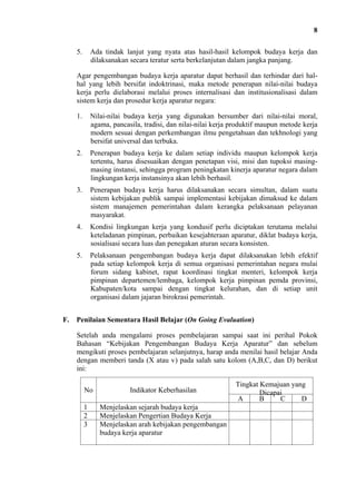 8
5.

Ada tindak lanjut yang nyata atas hasil-hasil kelompok budaya kerja dan
dilaksanakan secara teratur serta berkelanjutan dalam jangka panjang.

Agar pengembangan budaya kerja aparatur dapat berhasil dan terhindar dari halhal yang lebih bersifat indoktrinasi, maka metode penerapan nilai-nilai budaya
kerja perlu dielaborasi melalui proses internalisasi dan institusionalisasi dalam
sistem kerja dan prosedur kerja aparatur negara:
1.

2.

Penerapan budaya kerja ke dalam setiap individu maupun kelompok kerja
tertentu, harus disesuaikan dengan penetapan visi, misi dan tupoksi masingmasing instansi, sehingga program peningkatan kinerja aparatur negara dalam
lingkungan kerja instansinya akan lebih berhasil.

3.

Penerapan budaya kerja harus dilaksanakan secara simultan, dalam suatu
sistem kebijakan publik sampai implementasi kebijakan dimaksud ke dalam
sistem manajemen pemerintahan dalam kerangka pelaksanaan pelayanan
masyarakat.

4.

Kondisi lingkungan kerja yang kondusif perlu diciptakan terutama melalui
keteladanan pimpinan, perbaikan kesejahteraan aparatur, diklat budaya kerja,
sosialisasi secara luas dan penegakan aturan secara konsisten.

5.

F.

Nilai-nilai budaya kerja yang digunakan bersumber dari nilai-nilai moral,
agama, pancasila, tradisi, dan nilai-nilai kerja produktif maupun metode kerja
modern sesuai dengan perkembangan ilmu pengetahuan dan tekhnologi yang
bersifat universal dan terbuka.

Pelaksanaan pengembangan budaya kerja dapat dilaksanakan lebih efektif
pada setiap kelompok kerja di semua organisasi pemerintahan negara mulai
forum sidang kabinet, rapat koordinasi tingkat menteri, kelompok kerja
pimpinan departemen/lembaga, kelompok kerja pimpinan pemda provinsi,
Kabupaten/kota sampai dengan tingkat kelurahan, dan di setiap unit
organisasi dalam jajaran birokrasi pemerintah.

Penilaian Sementara Hasil Belajar (On Going Evaluation)
Setelah anda mengalami proses pembelajaran sampai saat ini perihal Pokok
Bahasan “Kebijakan Pengembangan Budaya Kerja Aparatur” dan sebelum
mengikuti proses pembelajaran selanjutnya, harap anda menilai hasil belajar Anda
dengan memberi tanda (X atau v) pada salah satu kolom (A,B,C, dan D) berikut
ini:
No
1
2
3

Indikator Keberhasilan
Menjelaskan sejarah budaya kerja
Menjelaskan Pengertian Budaya Kerja
Menjelaskan arah kebijakan pengembangan
budaya kerja aparatur

Tingkat Kemajuan yang
Dicapai
A
B
C
D

 