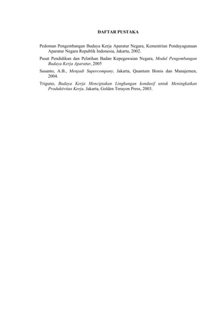 DAFTAR PUSTAKA
Pedoman Pengembangan Budaya Kerja Aparatur Negara, Kementrian Pendayagunaan
Aparatur Negara Republik Indonesia, Jakarta, 2002.
Pusat Pendidikan dan Pelatihan Badan Kepegawaian Negara, Modul Pengembangan
Budaya Kerja Aparatur, 2005
Susanto, A.B., Menjadi Supercompany, Jakarta, Quantum Bisnis dan Manajemen,
2004.
Triguno, Budaya Kerja Menciptakan Lingkungan kondusif untuk Meningkatkan
Produktivitas Kerja, Jakarta, Golden Terayon Press, 2003.

 