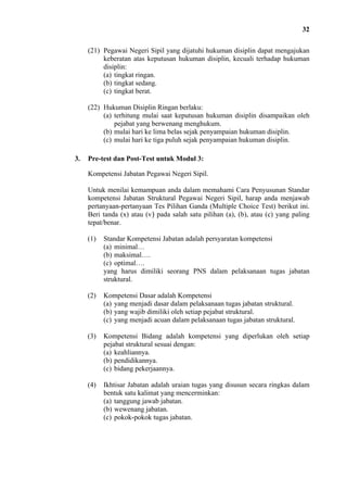 32
(21) Pegawai Negeri Sipil yang dijatuhi hukuman disiplin dapat mengajukan
keberatan atas keputusan hukuman disiplin, kecuali terhadap hukuman
disiplin:
(a) tingkat ringan.
(b) tingkat sedang.
(c) tingkat berat.
(22) Hukuman Disiplin Ringan berlaku:
(a) terhitung mulai saat keputusan hukuman disiplin disampaikan oleh
pejabat yang berwenang menghukum.
(b) mulai hari ke lima belas sejak penyampaian hukuman disiplin.
(c) mulai hari ke tiga puluh sejak penyampaian hukuman disiplin.
3.

Pre-test dan Post-Test untuk Modul 3:
Kompetensi Jabatan Pegawai Negeri Sipil.
Untuk menilai kemampuan anda dalam memahami Cara Penyusunan Standar
kompetensi Jabatan Struktural Pegawai Negeri Sipil, harap anda menjawab
pertanyaan-pertanyaan Tes Pilihan Ganda (Multiple Choice Test) berikut ini.
Beri tanda (x) atau (v) pada salah satu pilihan (a), (b), atau (c) yang paling
tepat/benar.
(1)

Standar Kompetensi Jabatan adalah persyaratan kompetensi
(a) minimal…
(b) maksimal….
(c) optimal….
yang harus dimiliki seorang PNS dalam pelaksanaan tugas jabatan
struktural.

(2)

Kompetensi Dasar adalah Kompetensi
(a) yang menjadi dasar dalam pelaksanaan tugas jabatan struktural.
(b) yang wajib dimiliki oleh setiap pejabat struktural.
(c) yang menjadi acuan dalam pelaksanaan tugas jabatan struktural.

(3)

Kompetensi Bidang adalah kompetensi yang diperlukan oleh setiap
pejabat struktural sesuai dengan:
(a) keahliannya.
(b) pendidikannya.
(c) bidang pekerjaannya.

(4)

Ikhtisar Jabatan adalah uraian tugas yang disusun secara ringkas dalam
bentuk satu kalimat yang mencerminkan:
(a) tanggung jawab jabatan.
(b) wewenang jabatan.
(c) pokok-pokok tugas jabatan.

 